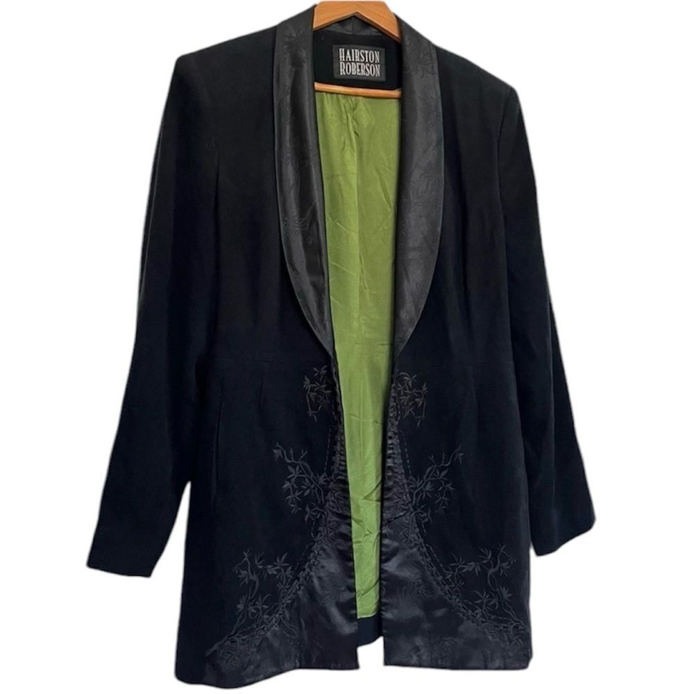 Vintage Hairston Roberson Black Embroidered Shawl Collar Jacket Satin Suede 8